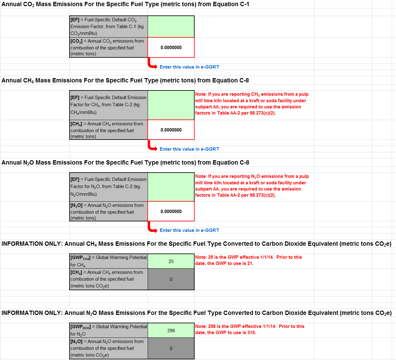 C-1, C-8 Calculation Spreadsheet of CO2, CH4, and N2O Data Entries into the Green Cells